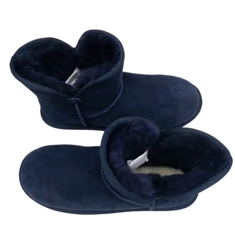 Sheepskin Leather Shearling Lined Short Winter Boots Navy Blue Women's Size 6